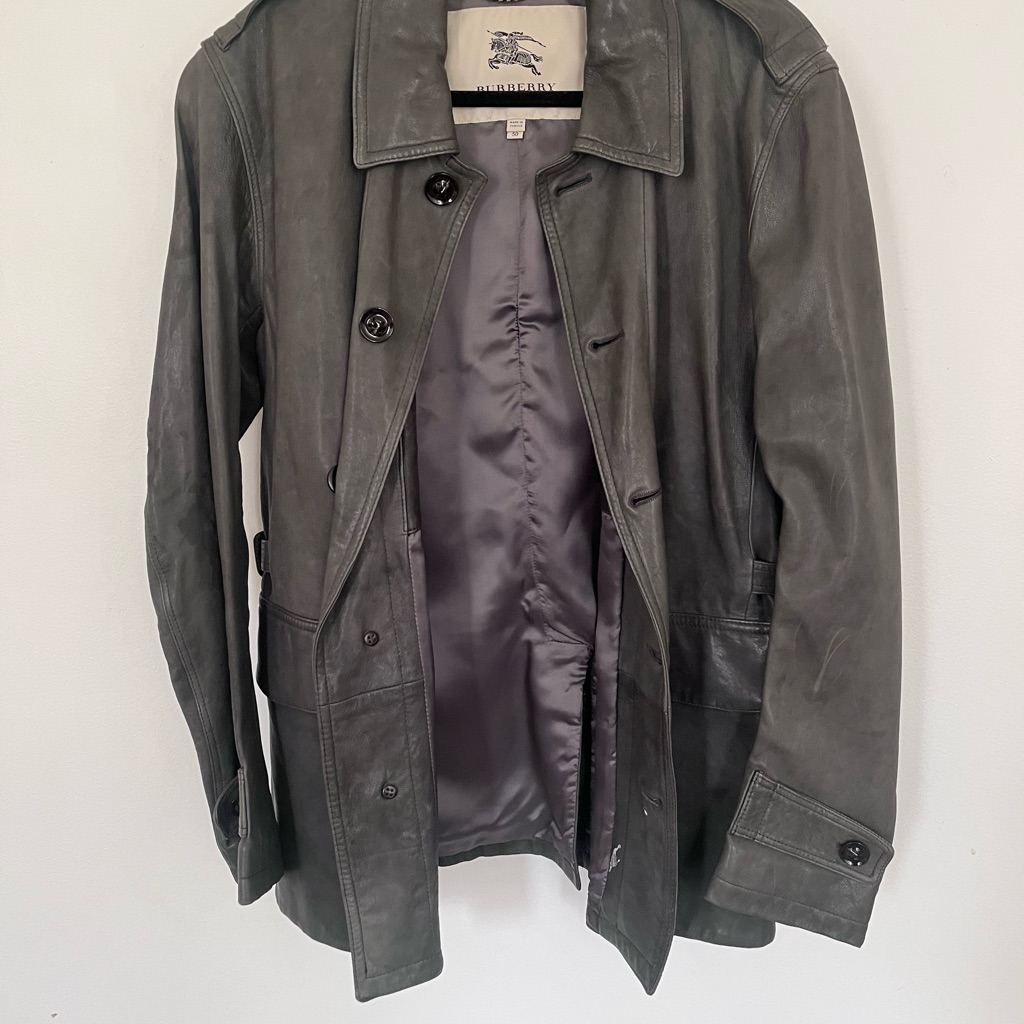 Burberry Men’s Charcoal Gray Leather Trench Coat